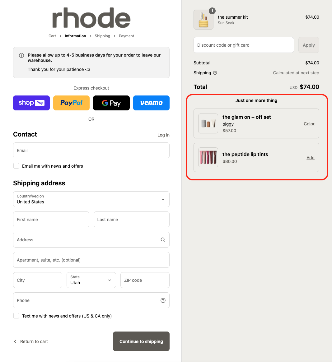 Rhode Skin checkout layout with add-ons